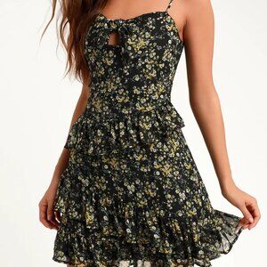 Lulus Main Squeeze Black Floral Print Chiffon Tie- Front Mini Dress | Size M